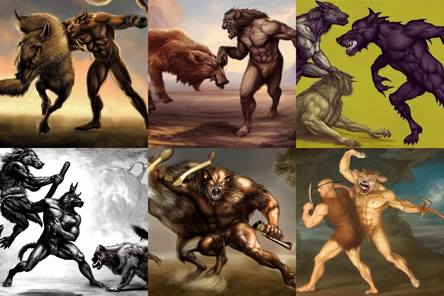 Prompt: photo of a minotaur fighting a werewolf