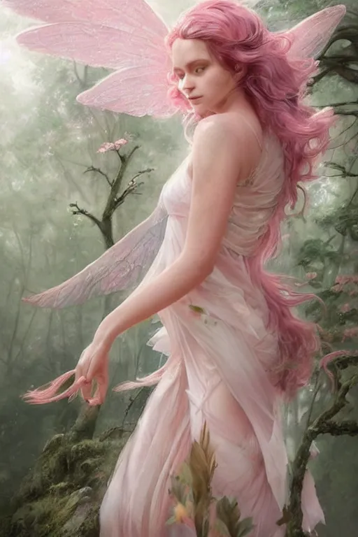 Prompt: a pastel pink beautiful fairy with large wings and flowing hair and beautiful face is exploring a forest, art by greg rutkowski, extremely high detail and compexity, very intricate, full body portrait, soft lighting