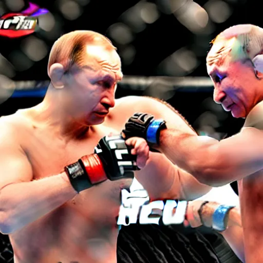 Prompt: Sad Putin lost a UFC title match