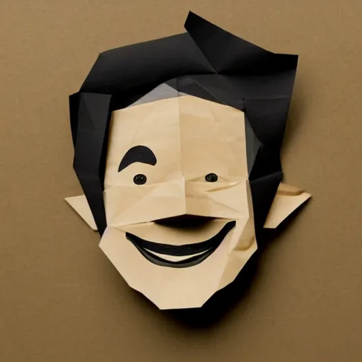 Prompt: a face of a man with wavey medium short hair made from layered paper, smiling, 2D, flat minimalistic, ambient light