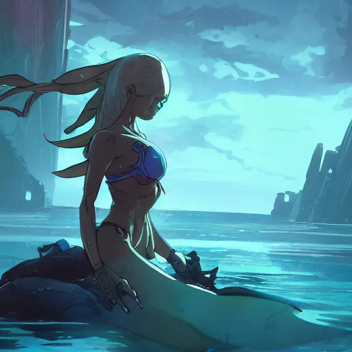 Image similar to mermaid cyborg, realistic, detailed, cel shaded, in the style of makoto shinkai and greg rutkowski and james gurney