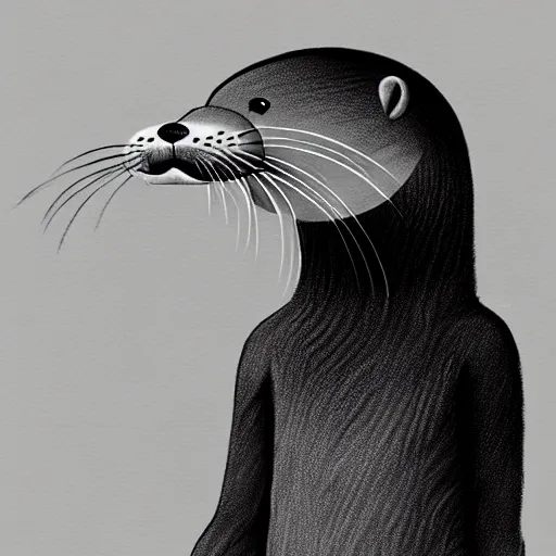 Prompt: anthropomorphic masculine otter in costume, juanjo guarnid, concept art, highly detailed, eddotorial illustration, b & w