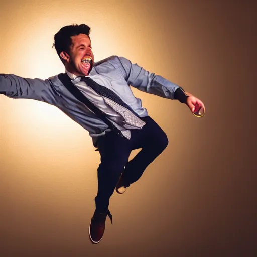 Image similar to a portrait of a man boisterously dancing around the room by himself holding an empty wine bottle as he jumps in the air, detailed facial expression, fine detail, dramatic lighting, award-winning photo UHD, 4K