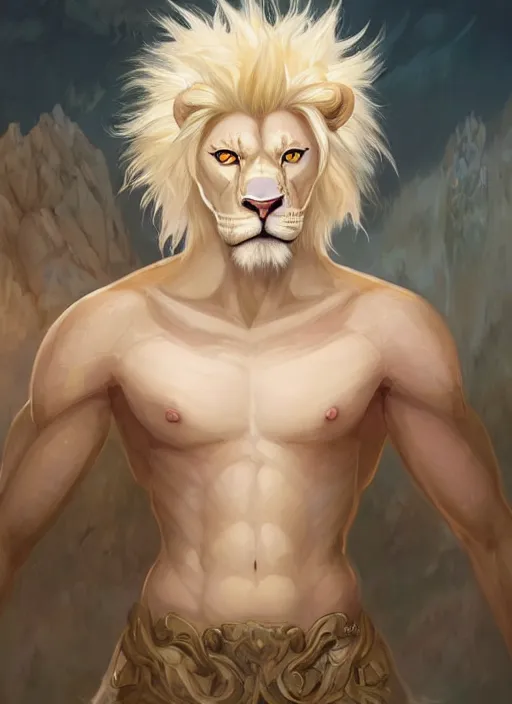 Prompt: aesthetic portrait commission of a of a male fully furry muscular anthro albino lion with a tail and a beautiful attractive hyperdetailed face wearing stylish and creative wearing Norwegian outfit in a sci-fi utopian city at golden hour while it sunshowers in the background. Character design by charlie bowater, ross tran, artgerm, and makoto shinkai, detailed, inked, western comic book art, 2021 award winning film poster painting