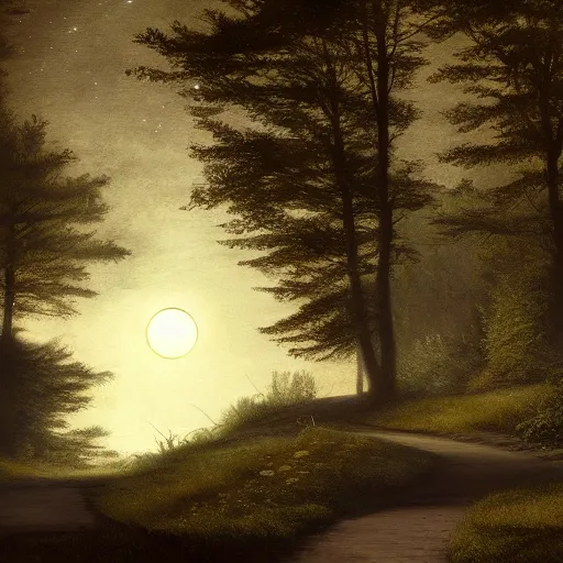 Image similar to matte painting of a tabby cat walking on a path in a dark moonlit Maine forest, serene, highly detailed, by caravaggio and alan lee, trending on artstation, 4k