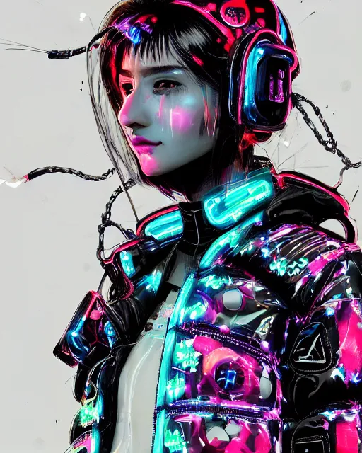 Image similar to detailed portrait Neon Operator Girl, cyberpunk futuristic neon, reflective puffer jacket, black leggings, decorated with traditional Japanese ornaments by Ismail inceoglu dragan bibin hans thoma !dream detailed portrait Neon Operator Girl, cyberpunk futuristic neon, reflective puffy coat, decorated with traditional Japanese ornaments by Ismail inceoglu dragan bibin hans thoma greg rutkowski Alexandros Pyromallis Nekro Rene Maritte Illustrated, Perfect face, fine details, realistic shaded, fine-face, pretty face