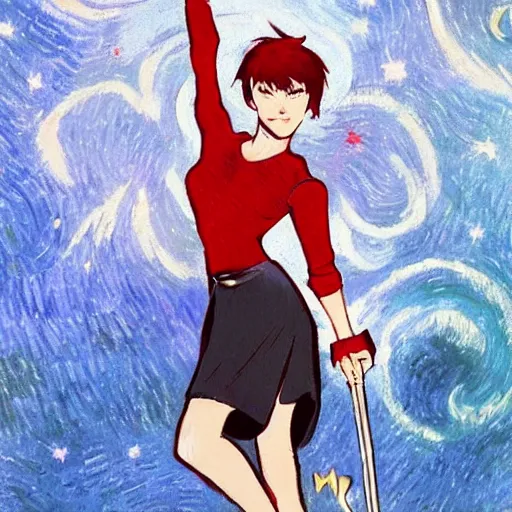 Image similar to full body portrait of Ruby Rose of RWBY, night time, star background, fantasy character portrait, casual pose, smiling, artwork by Vincent van Gogh and Amy Sherald, perfect face, simple form, 100m