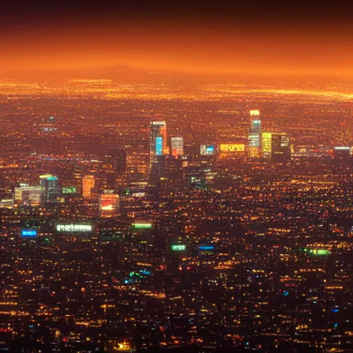 Prompt: Los Angeles blade runner, 8k, photorealistic, award winning aerial photo of the cyberpunk city