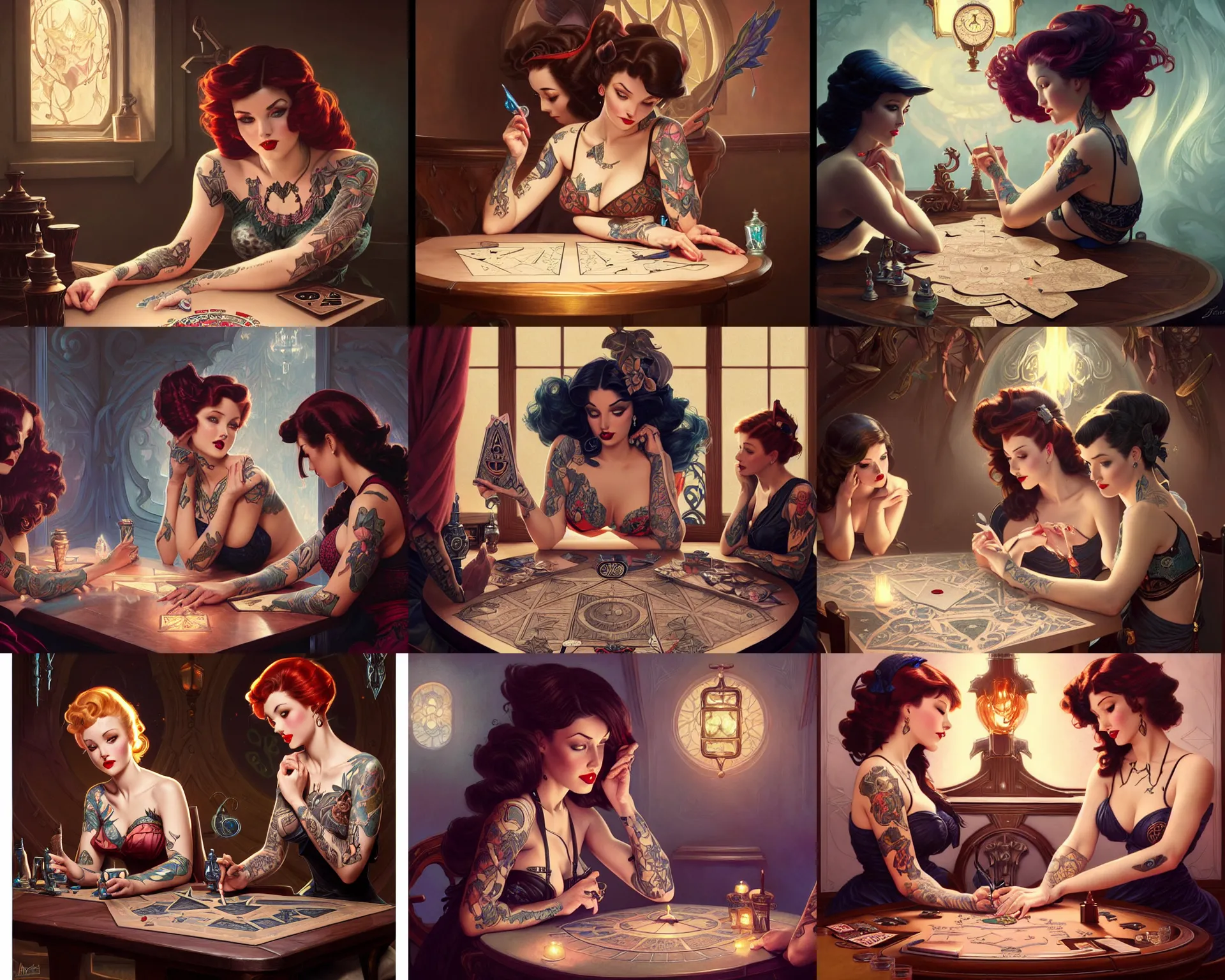 Prompt: tattooed pinup girls sit at table playing ouija, deep focus, intricate, elegant, highly detailed, digital painting, artstation, concept art, matte, sharp focus, illustration, hearthstone, art by artgerm and greg rutkowski and alphonse mucha.