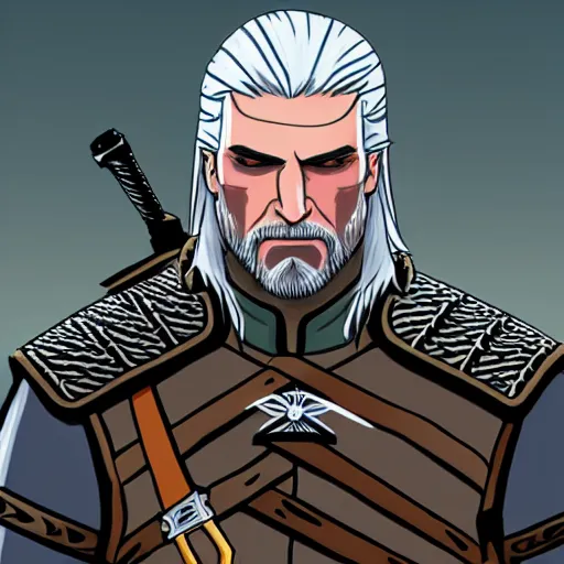 Image similar to precisely drawn illustration of geralt of rivia drawn in the style of the dragon prince