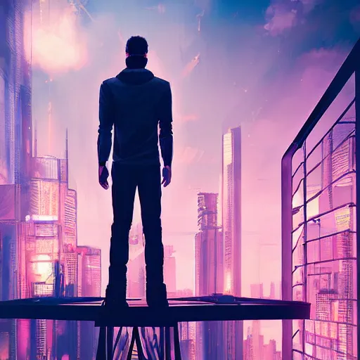 Image similar to a man standing on top of a bridge over a city, cyberpunk art by Vincent Lefevre, behance contest winner, altermodern, cityscape, synthwave, matte painting