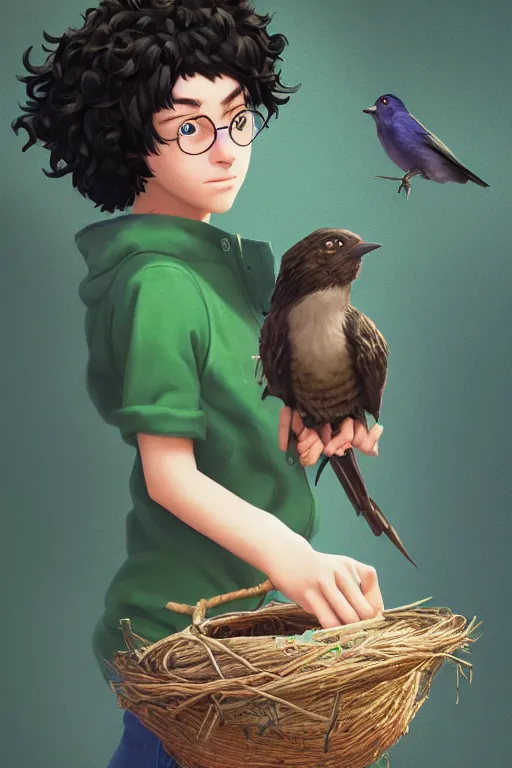 Prompt: a girl with curly black hair wears a green shirt, she wears harry potter glasses, with a nest and a bird on her head, studio ghibli, pixar and disney animation, sharp, rendered in redshift and unreal engine 5 by greg rutkowski, bloom