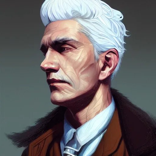 Image similar to man with white hair profile, dark circles, tired, unreal engine, intricate, highly detailed, digital art, digital paiting, overcoat art by JC Leyendecker and sachin teng