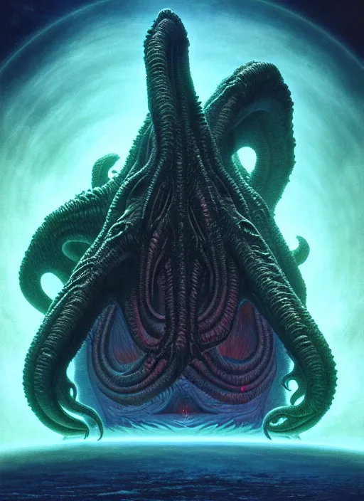 Prompt: symmetry!! stunning monstrous cosmic horror cthulhu with space in the background!! lovecraftian horror, cosmic space horror!! cinematic lighting, muted colours, digital art, winning award masterpiece, fantastically beautiful, aesthetically inspired by wayne barlowe and gerald brom, trending on artstation, art by greg rutkowski, octane render, unreal engine, 8 k