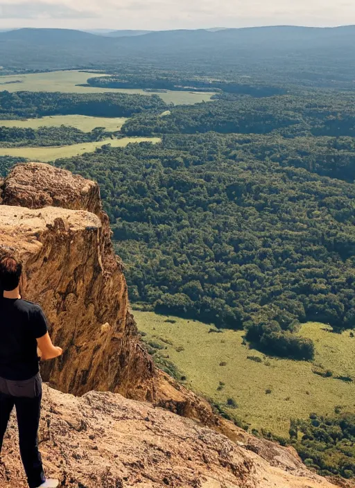 Prompt: a man standing on a viewpoint looking out over a beautiful landscape where new and exciting adventure and potential await