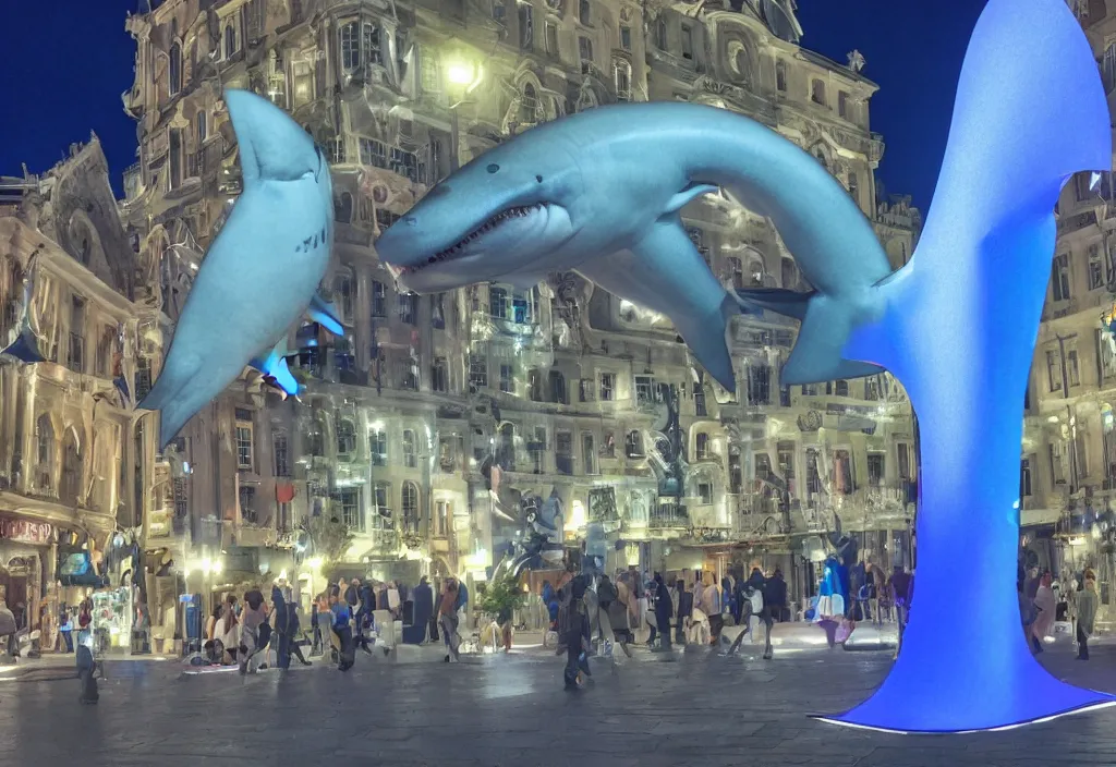 Image similar to 3 d 🦈 popping out of curved screen, town square, volumetric lighting, shot on 7 0 mm, instax