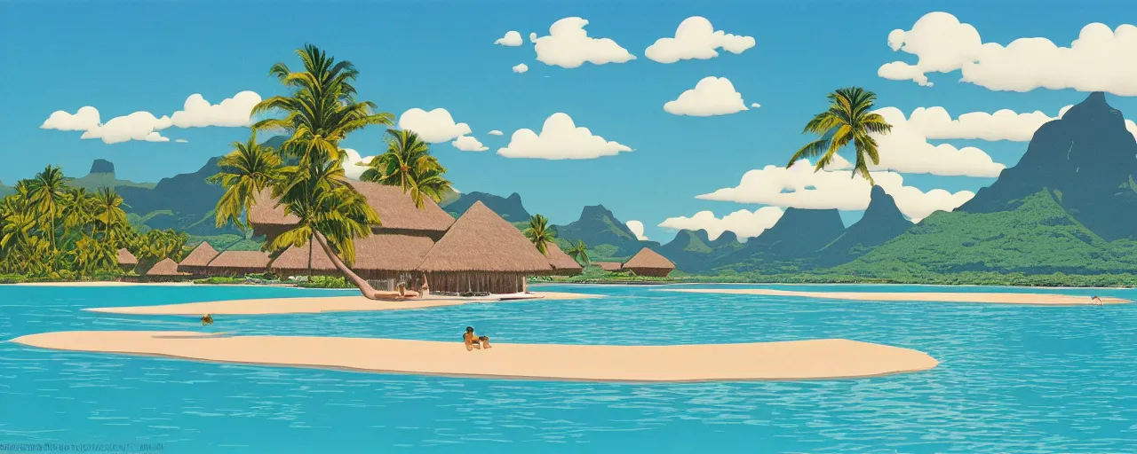 Prompt: serene bora bora landscape, disney, hiroshi nagai