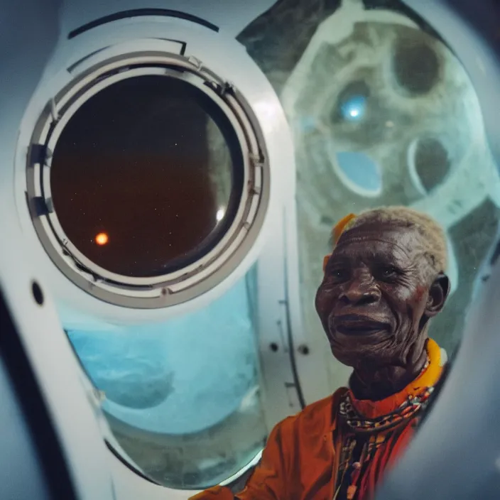 Prompt: analogue photo of an African tribal chief inside the orbiter of a space shuttle, looking at porthole window, planet earth seen through porthole window, close-up, colour, photo shot by martha cooper, 35mm,