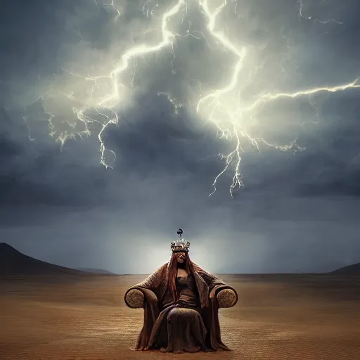 Image similar to a man with a crown on his head, dressed in a robe, sitting on a throne, in the desert, in the background a thunderstorm, by greg rutkowski, digital art, epic, 8 k, hyperdetalied, cgsociety,