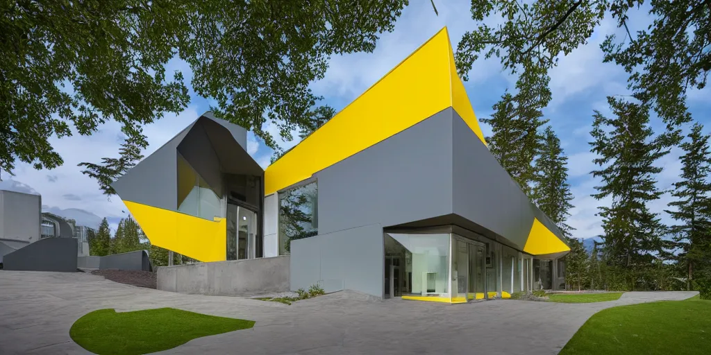 Image similar to large futuristic residence, yellow and blue metal, gray concrete, many large green windows, pacific northwest, triangular and rectangular elements