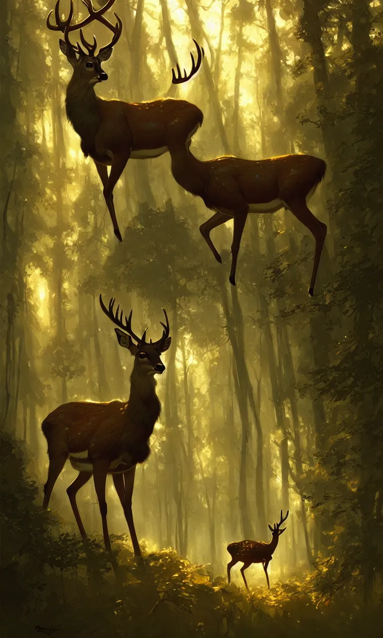 Image similar to Deer in Sherwood Forest, full frame, highly detailed, digital painting, artstation, concept art, smooth, sharp focus, illustration, art greg rutkowski and alphonse mucha