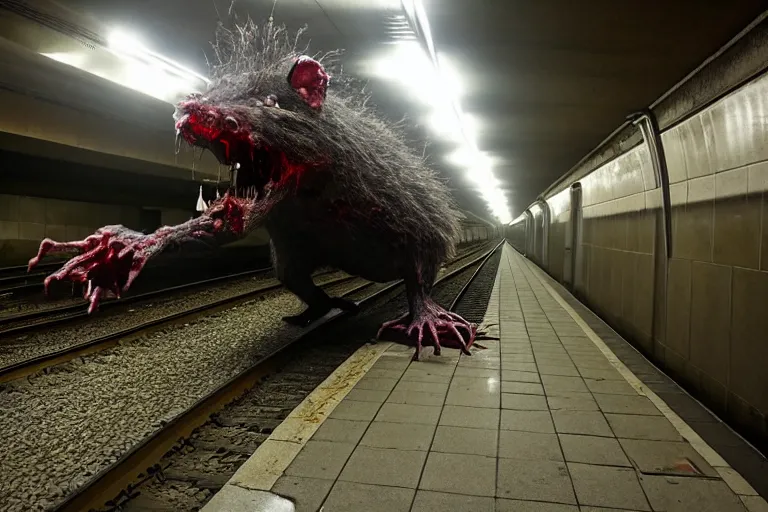 Image similar to very large giant mutant zombie irradiated ( angry rat ) staying on railways in tonnel of moscow subway. giant angry rat. 4 k, very realistic. extreme long shot, low dark light, scary mood, ( anish kapoor, herman nitsch ).