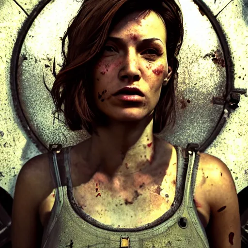 Image similar to fallout 5, charismatic beautiful rugged brunette female protagonist, portrait, outdoors in front of the entrance of vault 1 5 6, atmospheric lighting, painted, intricate, volumetric lighting, beautiful, daytime, sunny weather, slight overcast, sharp focus, deep colours, ultra detailed, by leesha hannigan, ross tran, thierry doizon, kai carpenter, ignacio fernandez rios