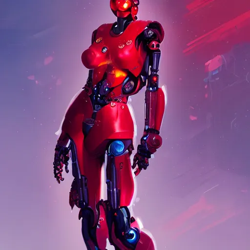 Image similar to full body, female cyborg, perfect robotic face, red background, 8 k, magic the gathering, desert, d & d, artstation, high detail, smooth, sweaty character concepts by senior concept artist