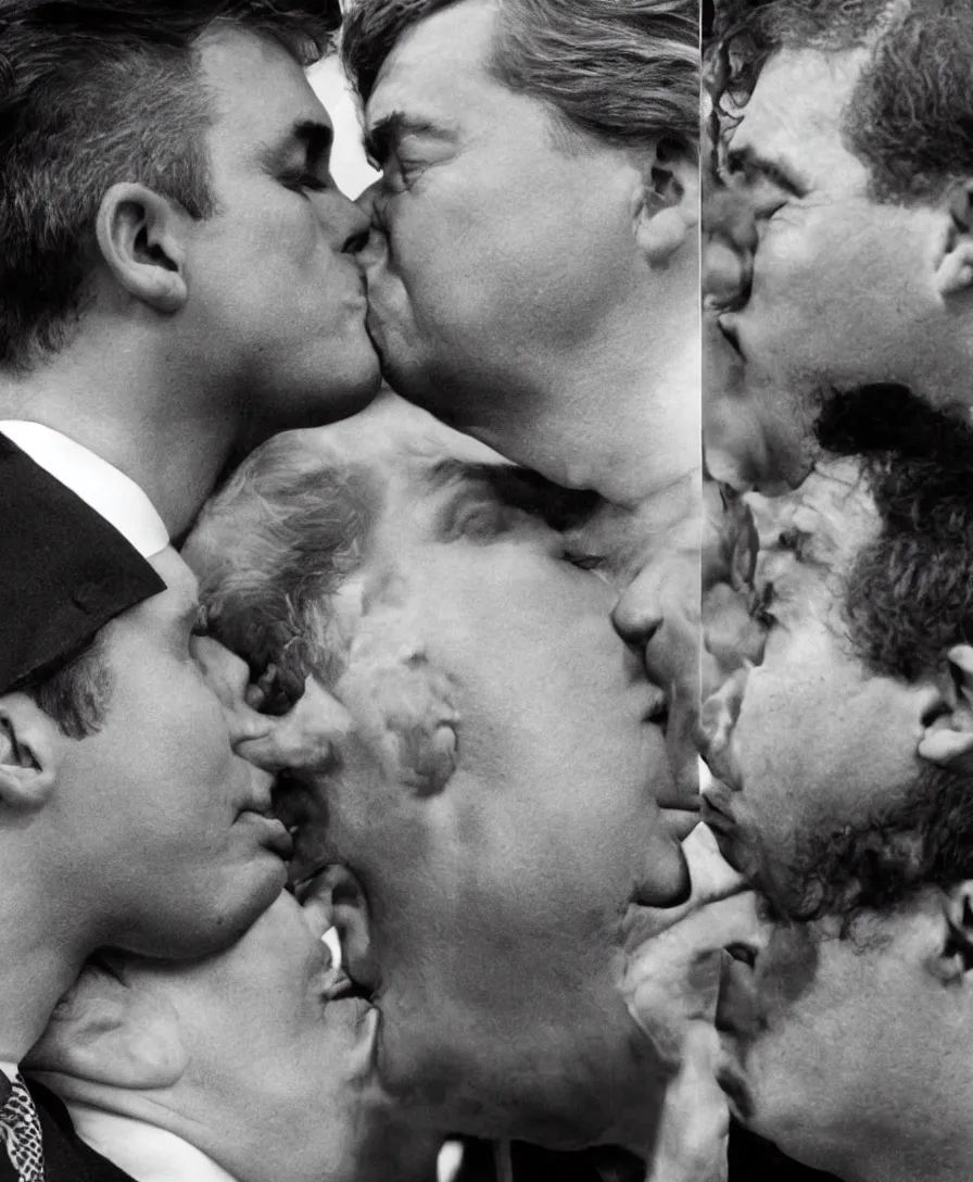 Image similar to photo of two men kissing. on the left is donald trump and the right is donald trump.