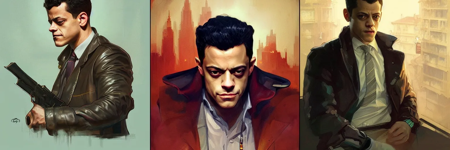 Prompt: portrait of Rami Malek as a detective, highly detailed, digital painting, artstation, concept art, sharp focus, illustration, art by artgerm and greg rutkowski and alphonse mucha