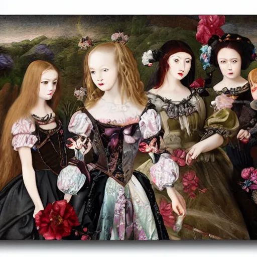 Image similar to renaissance, baroque 8k oil painting group of creepy young ladies wearing renaissance long harajuku manga dress with flowers and skulls, background chaotic flowers