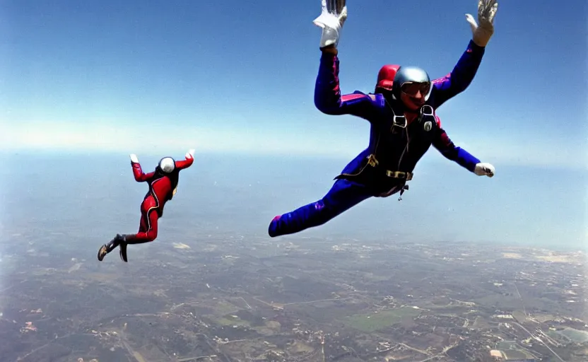 Prompt: color photo of skydiver jumping in a suite. plane in the background 8 0'style