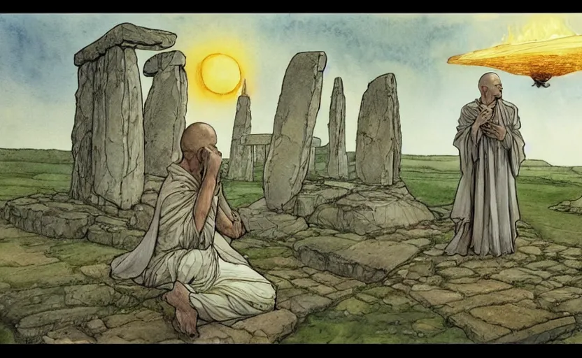 Prompt: a realistic and atmospheric watercolor fantasy concept art of giant monk with a long forehead in grey robes sitting in stonehenge. in the background a ufo is in the sky. by rebecca guay, michael kaluta, charles vess