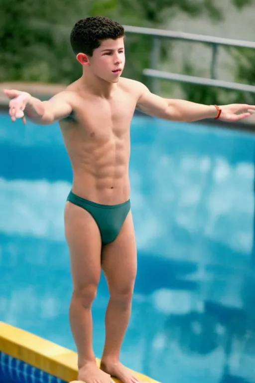 Image similar to close up still shot of young nick jonas standing on the diving board, summer olympics footage, 3 5 mm, highly detailed, disney channel original movie, dynamic lighting, subject centered in photo, octane render