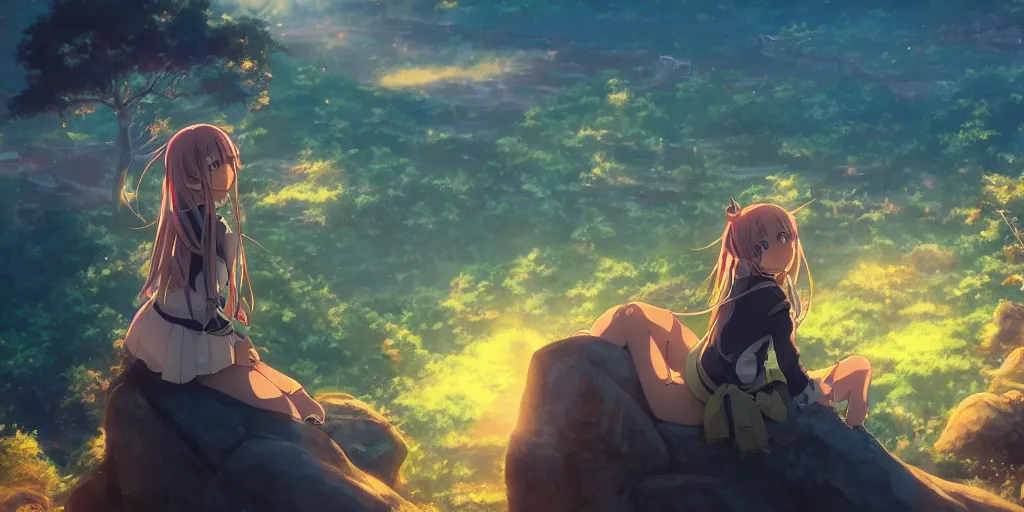 Prompt: isekai masterpiece anime girl sitting on a rock off to the side looking down upon swedish town, during dawn, cinematic, very warm colors, intense shadows, anime illustration, anime screenshot composite background, lens flare