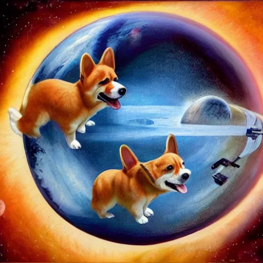 Prompt: all of the planets revolving around a giant Corgi, beautiful, oil on canvas, intricate, 8k highly professionally detailed, HDR, CGsociety