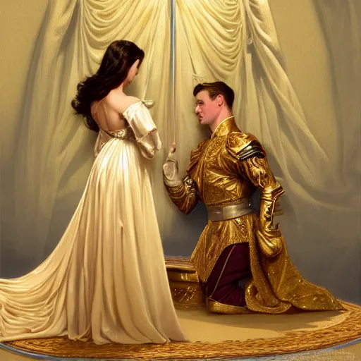 Image similar to kneeling before a condescending queen, royal gown, golden detailing, medium shot, intricate, elegant, highly detailed, digital painting, volumetric light, artstation, concept art, smooth, sharp focus, illustration, art by Gil Elvgren and Greg Rutkowski and Alphonse Mucha, 8K