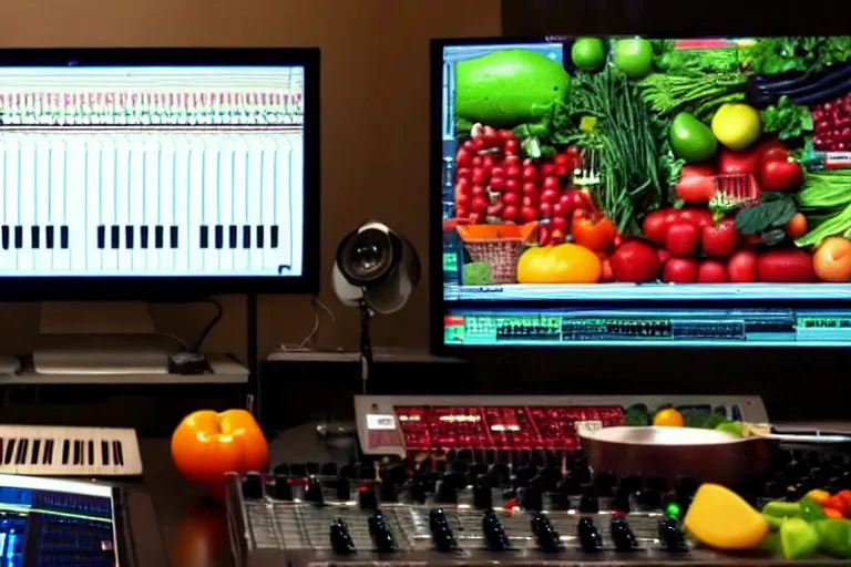 Image similar to film still of fresh fruits and vegetables making beats in the studio on an mpc