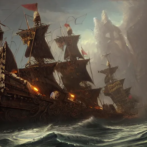 Prompt: a detailed and accurate masterpiece painting of a big black galleon with a black skull flag and golden decorations on the hull, sharp detail, by tyler edlin, noah bradley, john j. park, jordan grimmer trending on artstation