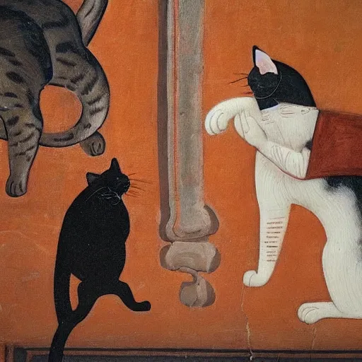 Image similar to cats being worshipped, fresco painting