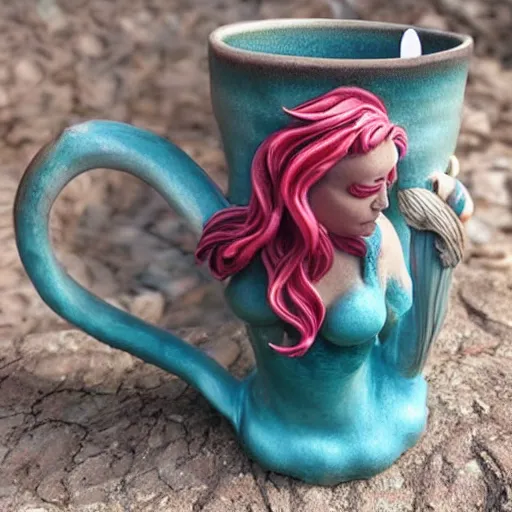 Image similar to a ceramic realistic mermaid sculpture mug, creative, beautiful, award winning design, functional, colorful