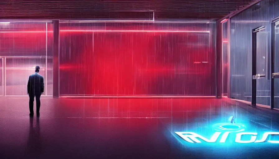 Prompt: big budget action movie about the exterior of a robotics corporation, night, raining, glowing red logo.