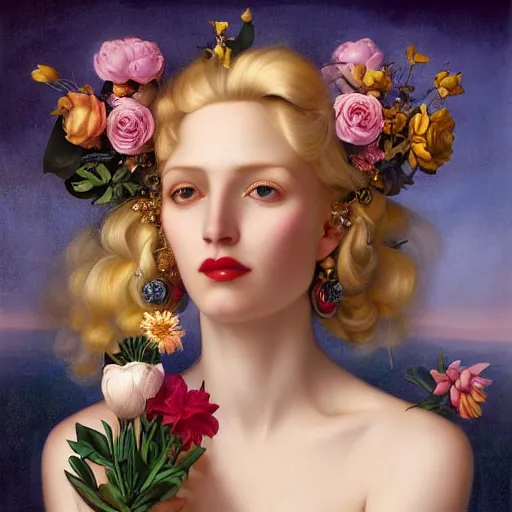 Image similar to centered portrait composition, woman with blonde hair full of spring flowers wearing ornate earrings, ornate gilded details, pastel colors, a surrealist painting by tom bagshaw and jacek yerga and tamara de lempicka and jesse king, wiccan, pre - raphaelite, featured on cgsociety, pop surrealism, surrealist, dramatic lighting