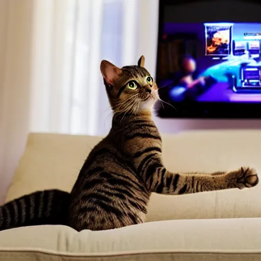 Image similar to a cute cat playing video games while sitting on a couch