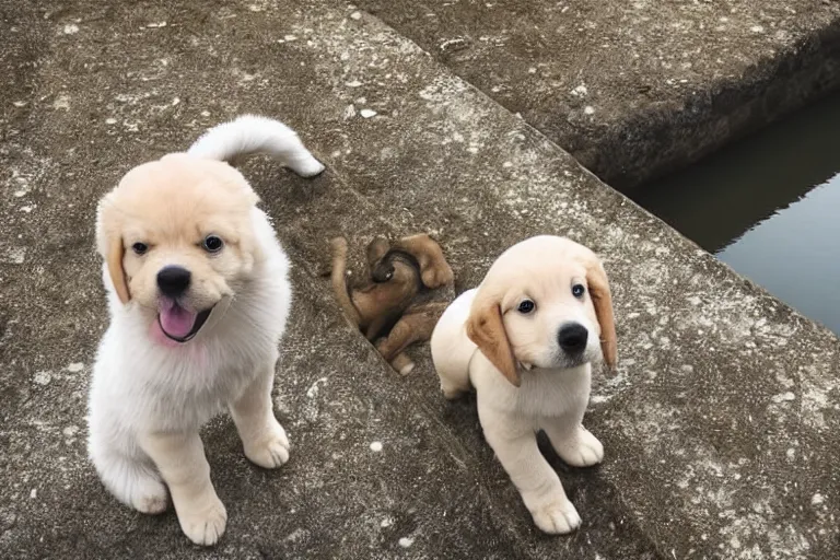 Image similar to an high angle view of a puppy that is standing at the edge of a bridge looking and the puppy is looking down at the water below