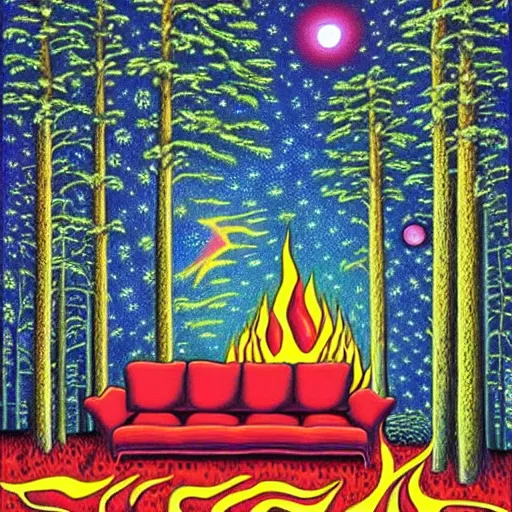 Prompt: psychedelic trippy fire couch pine forest, planets, milky way, sofa, cartoon by rob gonsalves