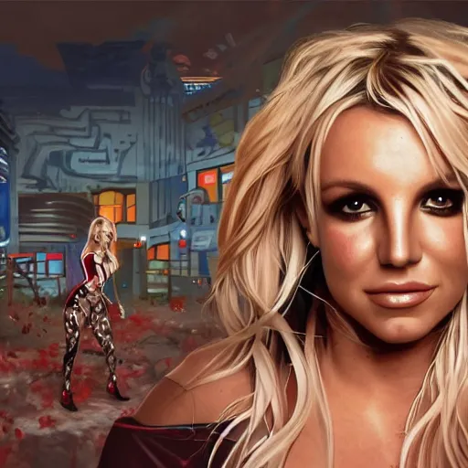 Prompt: painting of britney spears in racoon city full of zombies, hd, 4 k, 8 k artstation,