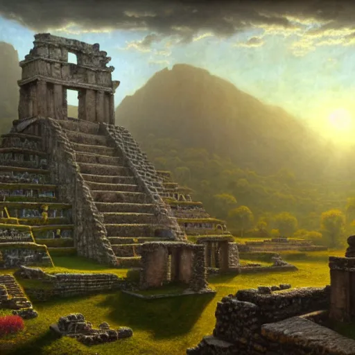 Image similar to a beautiful and highly detailed matte painting of aztec ruins in the mountains, thick mist, sunlight, celtic, psychedelic, epic scale, insanely complex, hyperdetailed, sharp focus, hyperrealism, artstation, cgsociety, 8 k, bright colors, by caspar friedrich, albert bierstadt, james gurney, brian froud,
