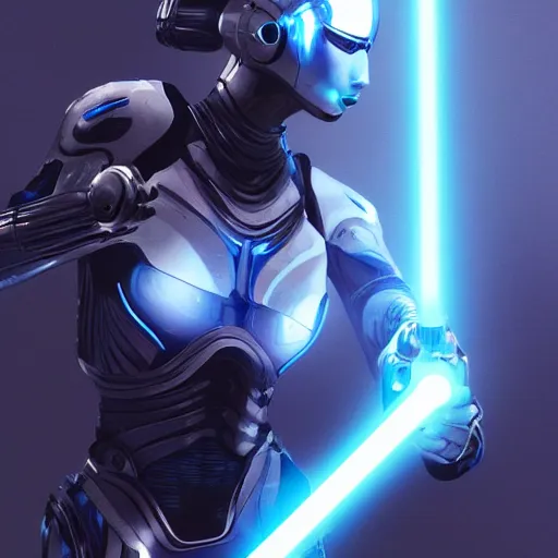 Image similar to Nanosuit female beautiful cyborg with a bright blue lightsaber in her hand, brilliant silver flowing hair, beautiful blue glowing eyes, wideshot ultrawide angle epic scale, by Cedric Peyravernay, highly detailed, excellent composition, cinematic concept art, dramatic lighting, trending on ArtStation