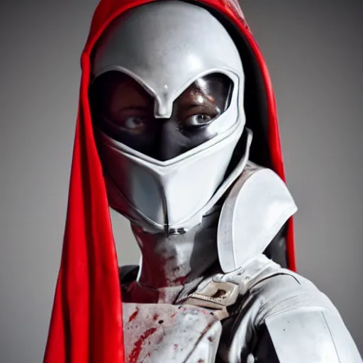 Prompt: a young female soldier with soot stained face, no makeup, in glossy sleek white bloodstained dinged scuffed armor , long torn red cape, heroic posture, determined expression, no helmet, on the surface of mars, dramatic lighting, cinematic, sci-fi, hyperrealistic, detailed